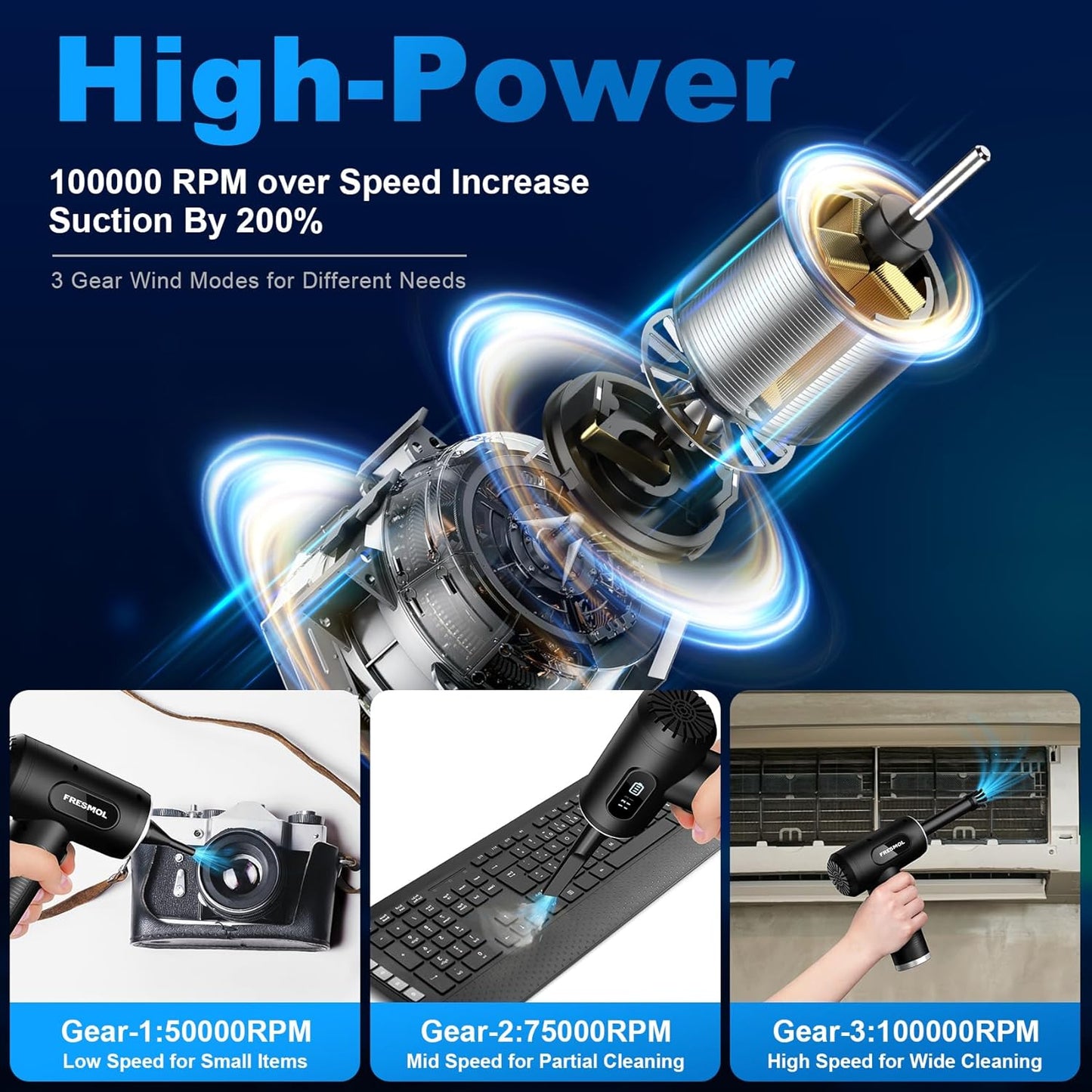 FRESMOL Duster-3 100000RPM Compressed Air Gear Adjustable Electric Air Duster with LED Light, Rechargeable Cordless Air
