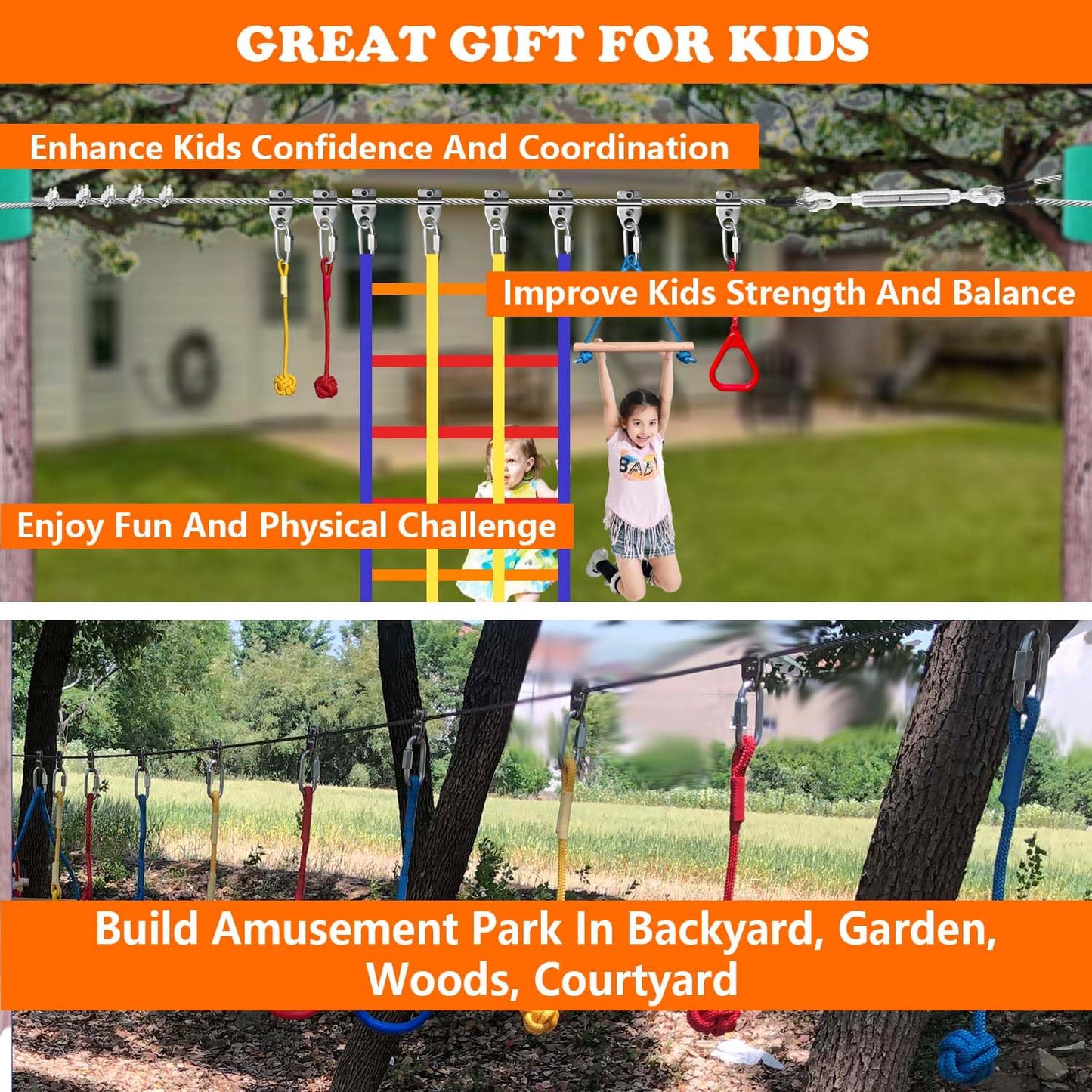 SZHTMZXC Ninja Warrior Obstacle Course for Kids Backyard Outdoor, 55ft Stainless Steel Main Cable, No Sagging, No Fraying, Weatherproof, 11 Pcs Training Accessories, Monkey Bar, Climbing Net, Swing