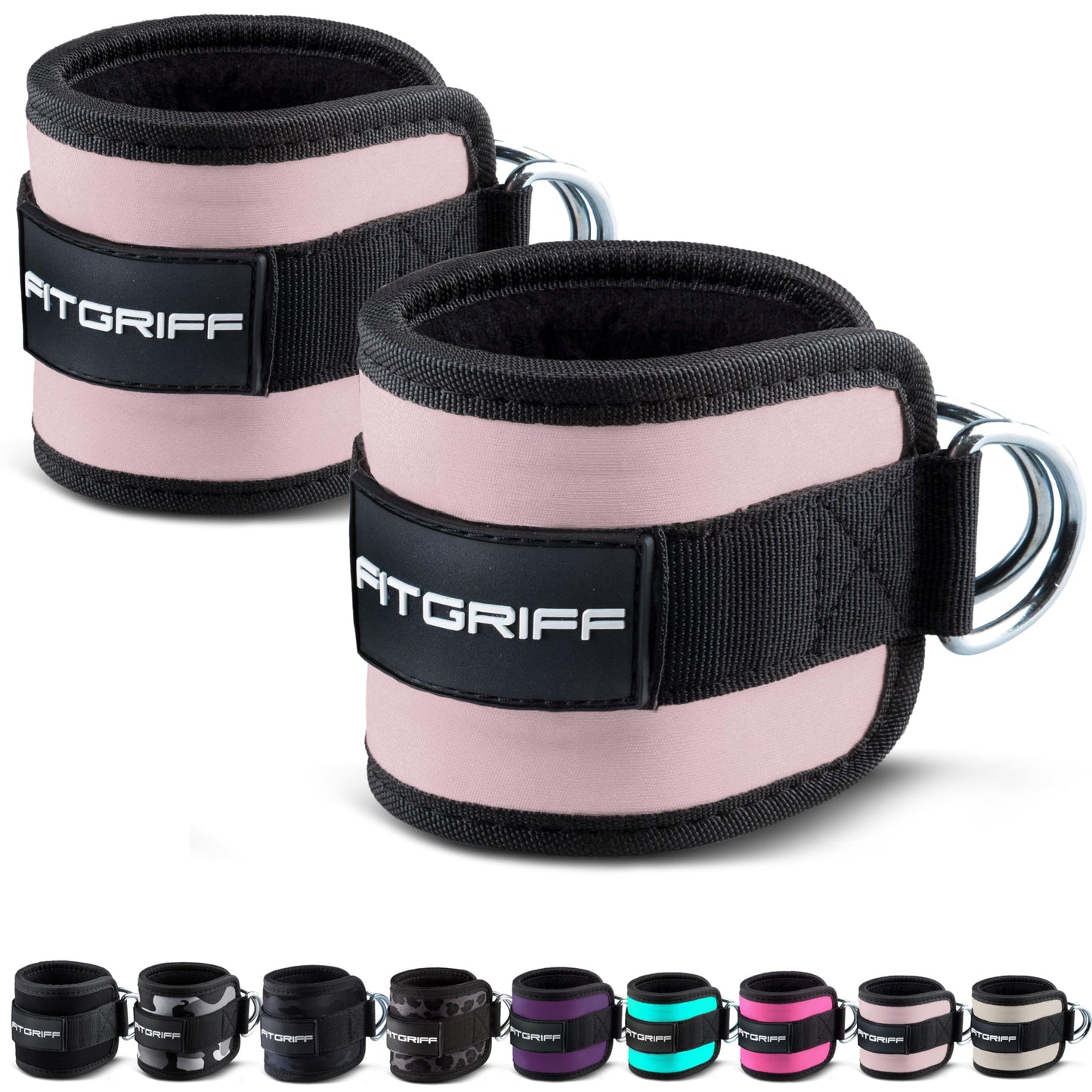 Fitgriff® Ankle Straps V1 for Cable Machine (2 Pieces) - Gym Workout Equipment - Leg Pulley Attachment, Kickback Straps (Blush Pink)