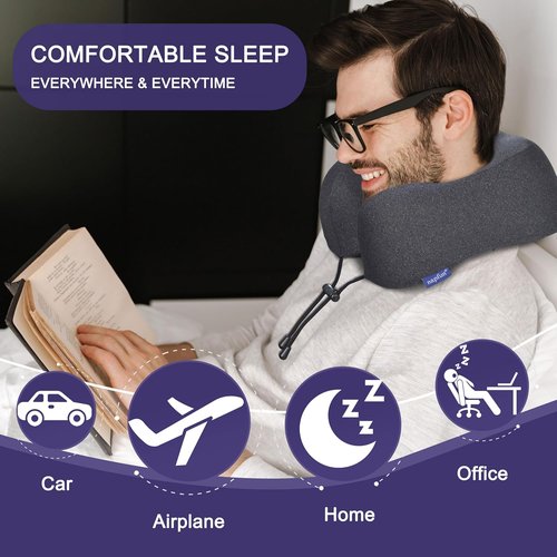 Napfun Neck Pillow - Upgraded Travel Pillow with 100% Pure Memory Foam | Portable Headrest for Airplane, Full Black