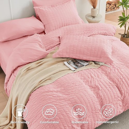 HYMOKEGE California King Comforter Set - Luxury 7-Piece Seersucker Bedding in Rose Pink