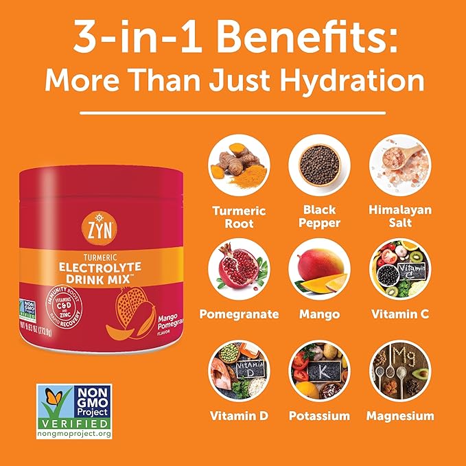 ZYN Electrolyte Hydration Drink Mix (30 Servings), Mango Pomegranate Electrolytes Powder, Hydrating Formula w/Turmeric Curcumin, Vitamin C & D, Zinc, Electrolyte Support Drink Mix