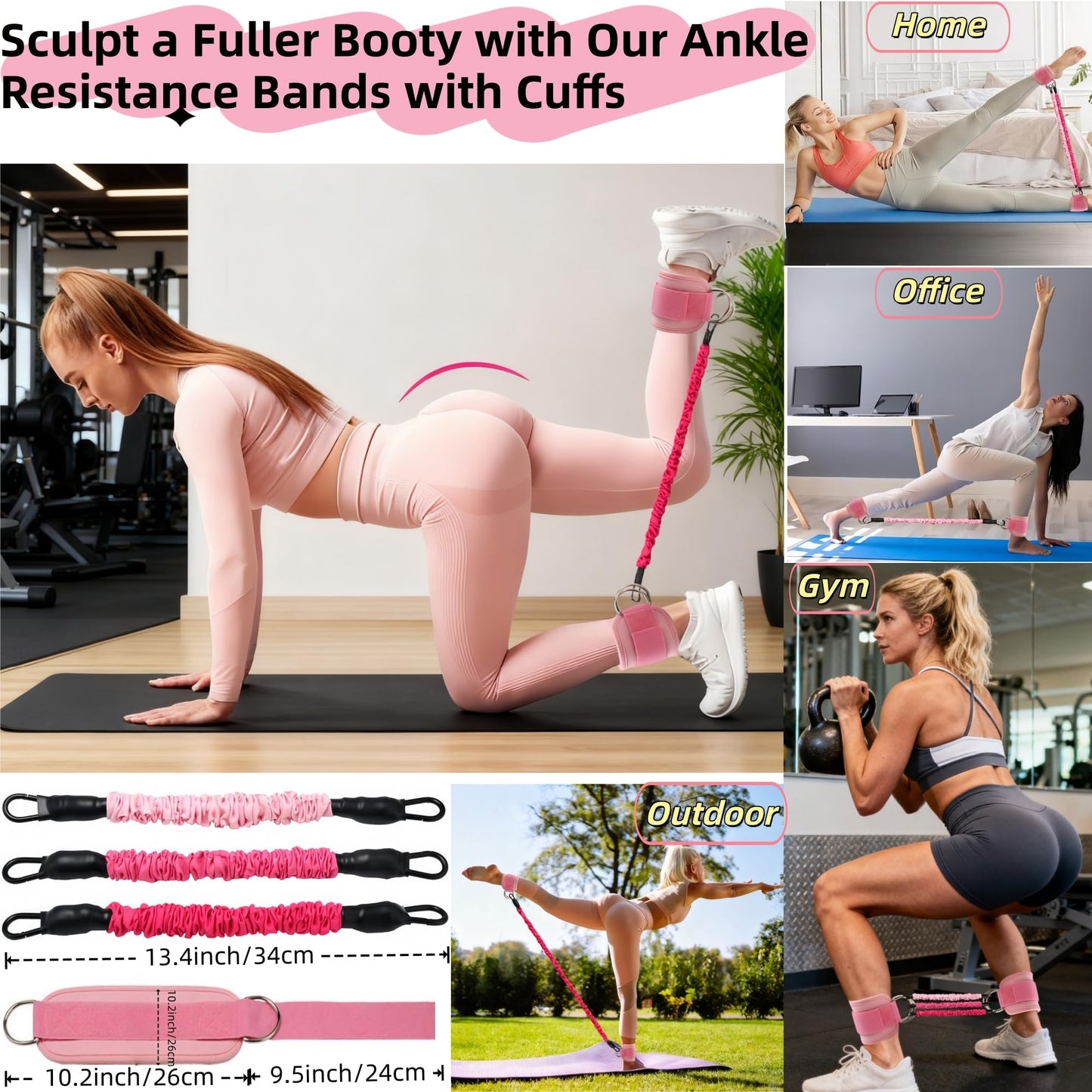 Ypdroy Women Glute Workout Equipment Set, Ankle Resistance Bands with Cuffs Long Yoga Resistance Bands Socks & Bag, Glute Sculpting at Home Set for Gym Equipment Pilates Kit