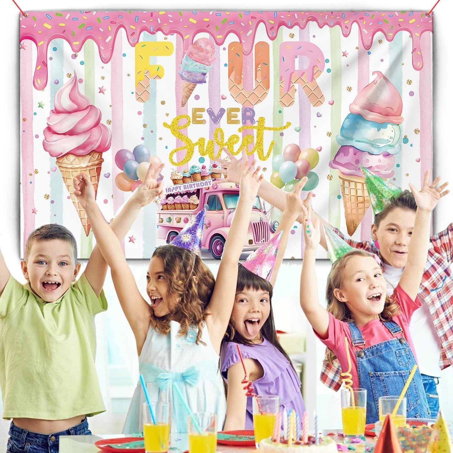 xuanflyF 4th 4th Ice Cream Birthday Party Decoration, Ice Cream Birthday Backdrop Banner, Four Ever Sweet Birthday