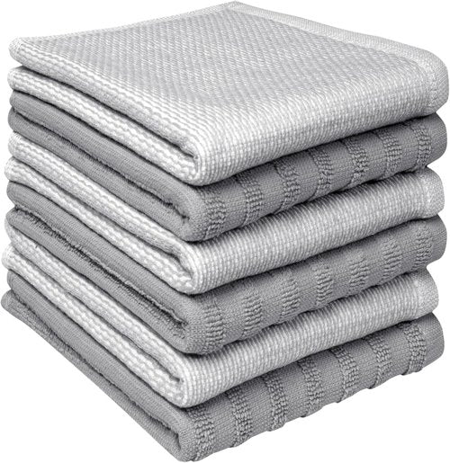 Bumble Premium Dish Cloths - Highly Absorbent 100% Natural Cotton | 13"x13" | 6 Pack - Soft Terry Set in Grey