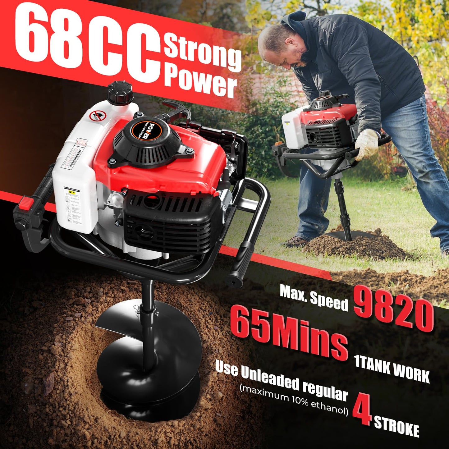 Baotree Post Hole Digger, 68cc Auger Post Hole Digger, 4-Stroke Gas Powered Earth Digger with 2 Auger Drill Bits(6" & 8") + 2 Extension Rods, for Farmland, Garden and Plant (68CC)