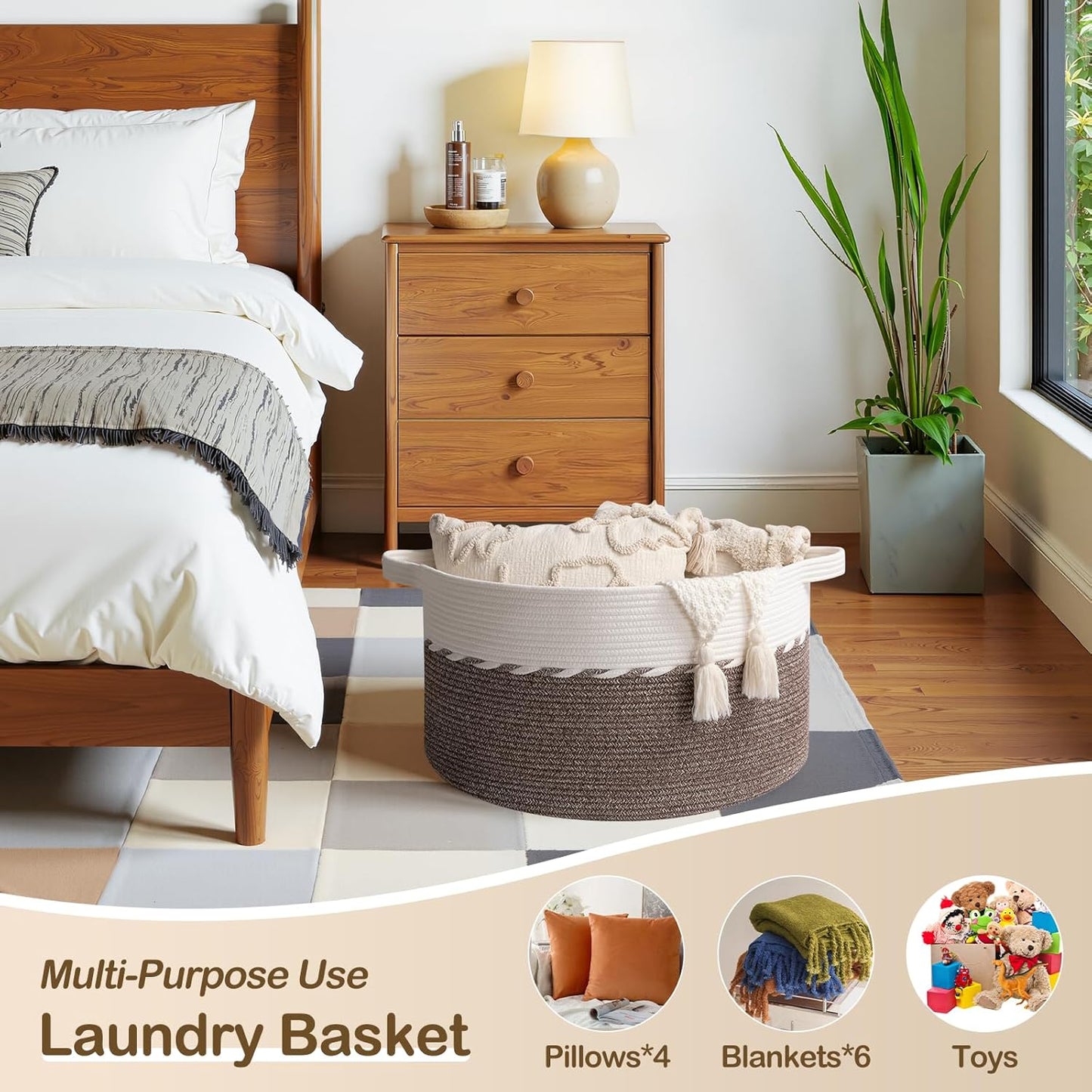 OIAHOMY 90L Blanket Basket - Large 23" x 23" x 13" Storage Solution with Handles for Laundry, Toys & More - Brown & White