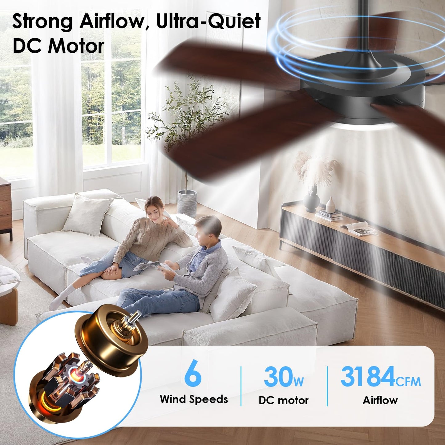 ropelux 45-Inch Ceiling Fans with Lights: Powerful Wind, Ultra-Quiet, High Bright&Screw-Free for Blade Installation, Dimmable, Forward&Reversible Fan with Remote APP Control for Bedroom/Living Room.