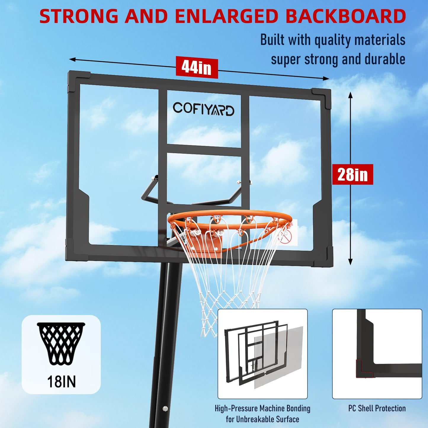 Cofiyard Basketball Hoop Outdoor with 44&48&54In Shatterproof Backboard, 5.25-10FT Height Portable Basketball Hoop with Sandbag, Adjustable Basketball Goal System