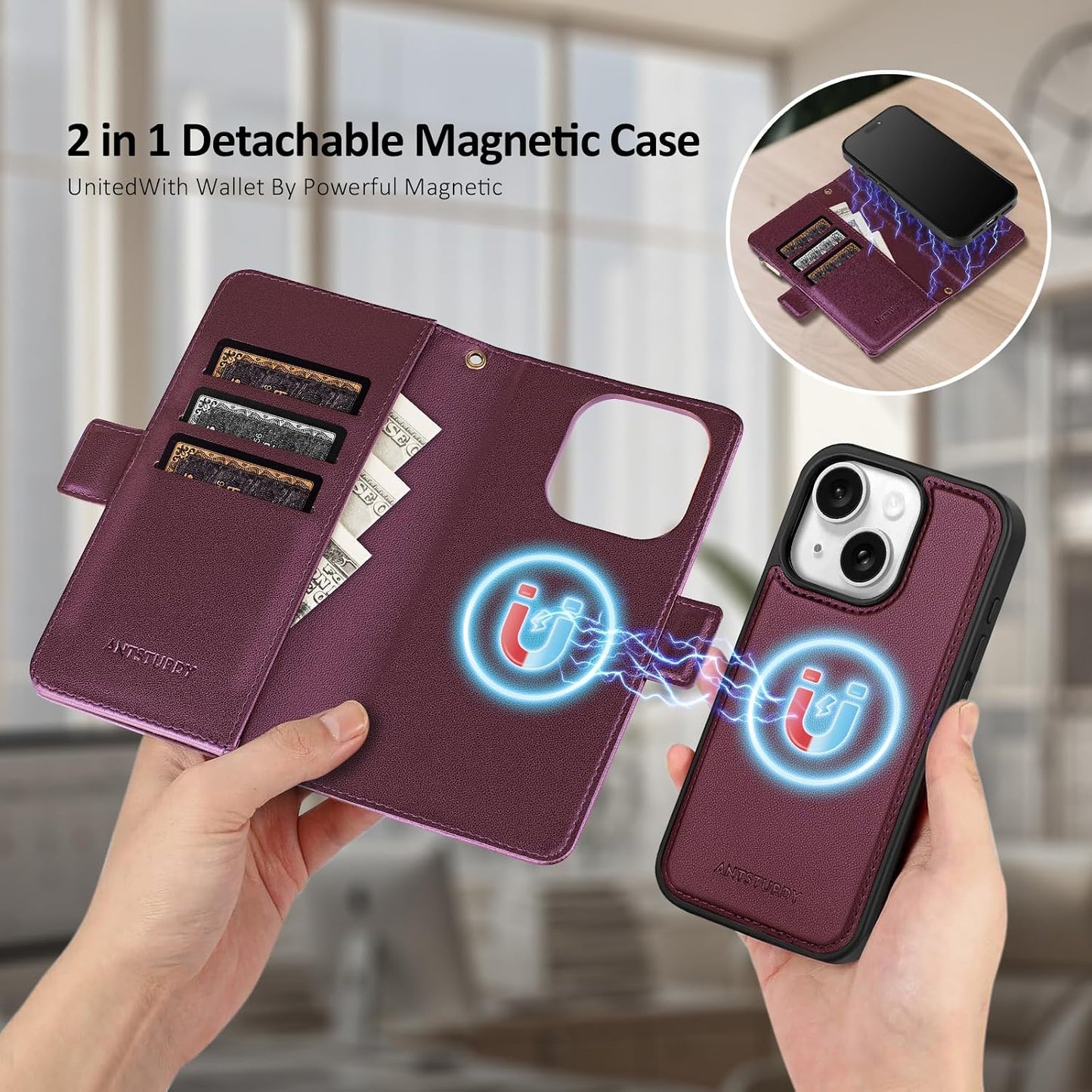 Antsturdy 2 1 15 Compatible with Magsafe Magnetic in Detachable iPhone Wallet Case with Credit Card Holder Slots,PU