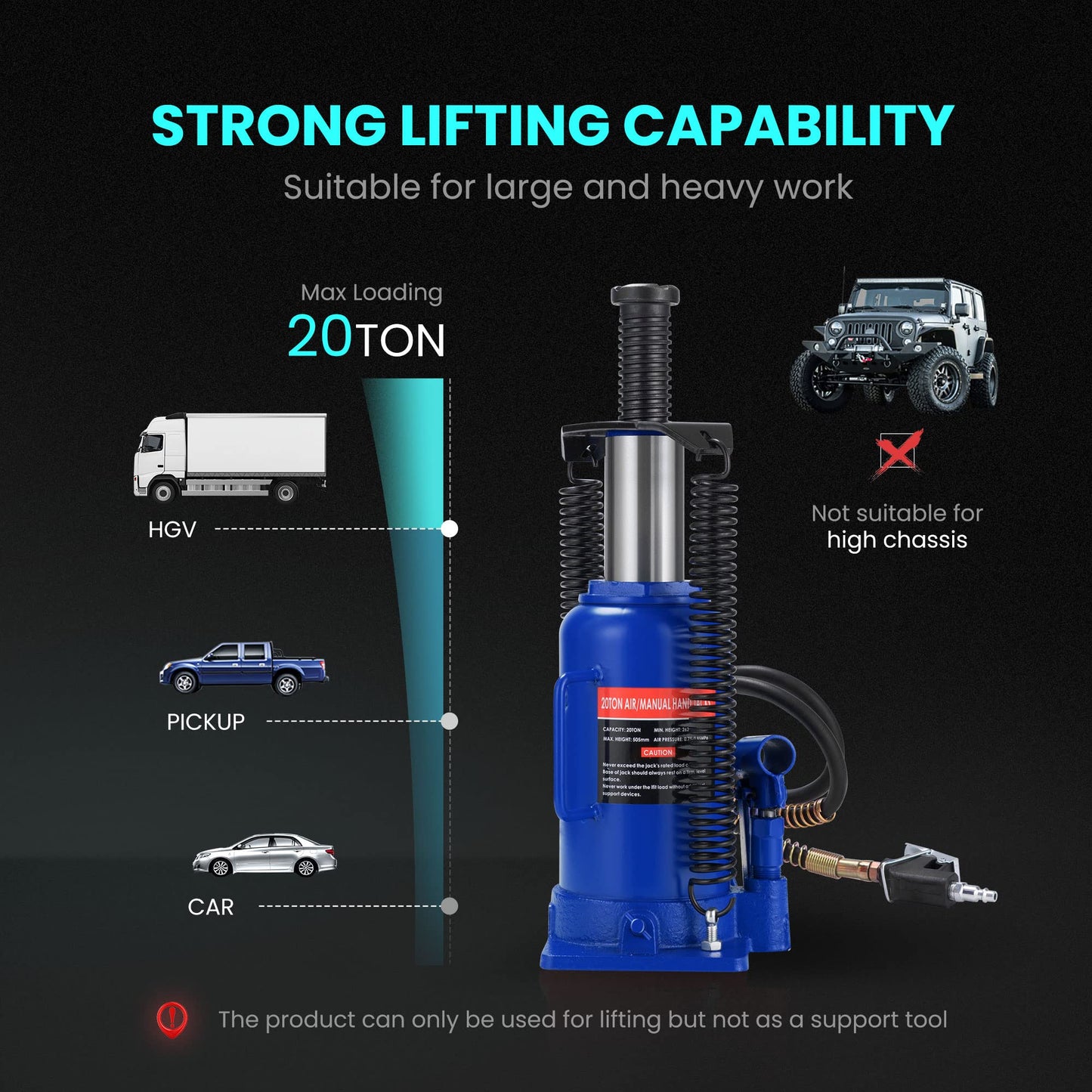 SPECSTAR Pneumatic Air Hydraulic Bottle Jack with Manual Hand Pump 20 Ton Heavy Duty Auto Truck Travel Trailer Repair Lift Blue
