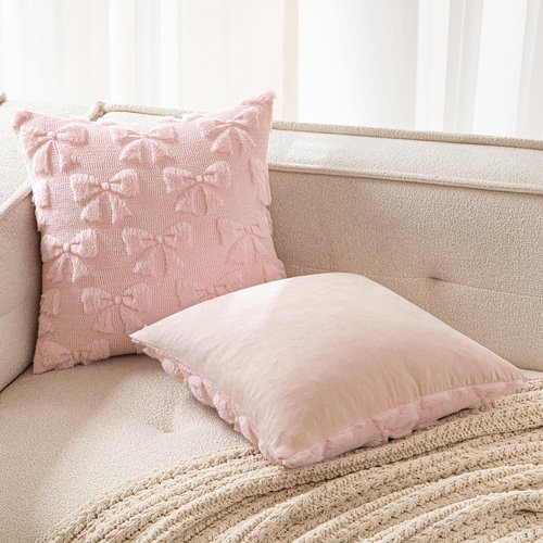 MIULEE Light Pink Bow Pillow Covers - Soft Plush Decorative Set of 2 for Coquette Room Decor | 18x18 Inch