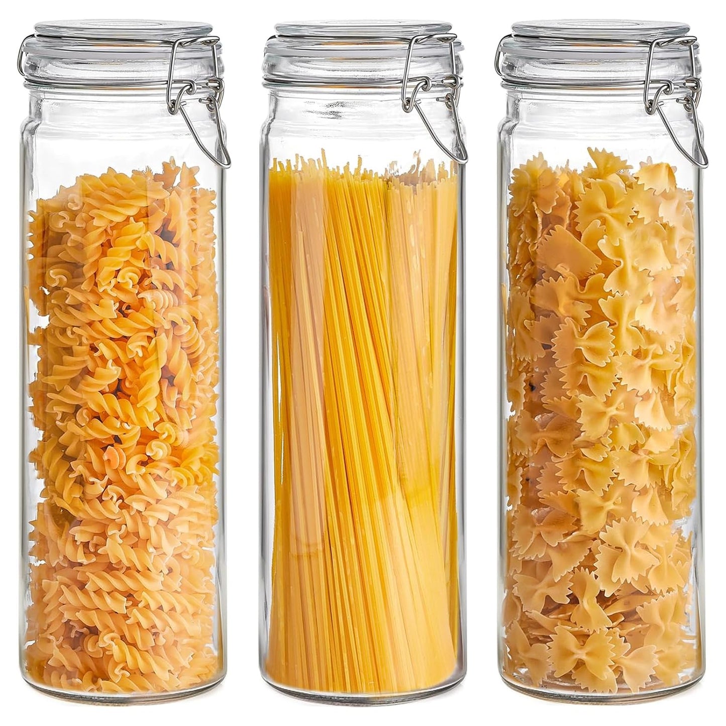 ComSaf 3-Pack 68oz 13-Inch Tall Glass Pasta Containers for Spaghetti & Long Pasta, Slender Airtight Canisters for Vertical Pantry Organization, Food Storage Jars for Linguine & Breadsticks