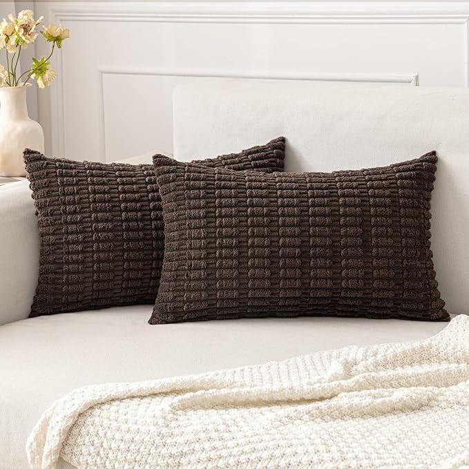 MIULEE Pack of 2 Corduroy Decorative Lumbar Throw Pillow Covers 20x12 Inch Soft Boho Striped Pillow Covers Modern Farmhouse Home Decor for Sofa Living Room Couch Bed Dark Brown