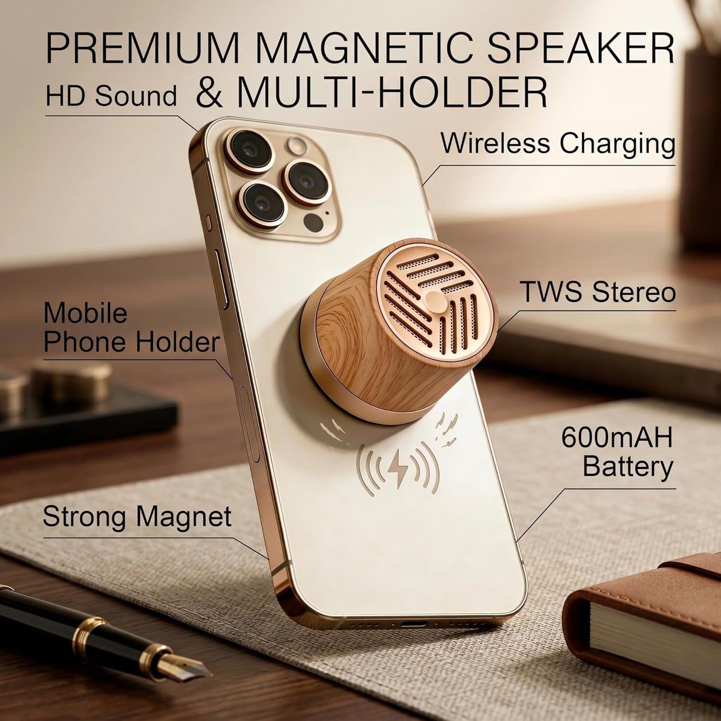 Topadorn 15W Magnetic Bluetooth Speaker with Wireless Charger & Phone Stand, Portable HD Sound Speaker