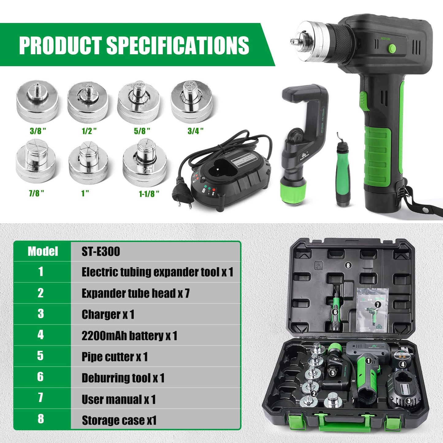 Super Stars Electric Tubing Expander Swaging Tool Kit – 2200mAh Battery Powered HVAC Copper & Aluminum Pipe Expander with 7 Heads, with Tube Cutter & Deburring Tool