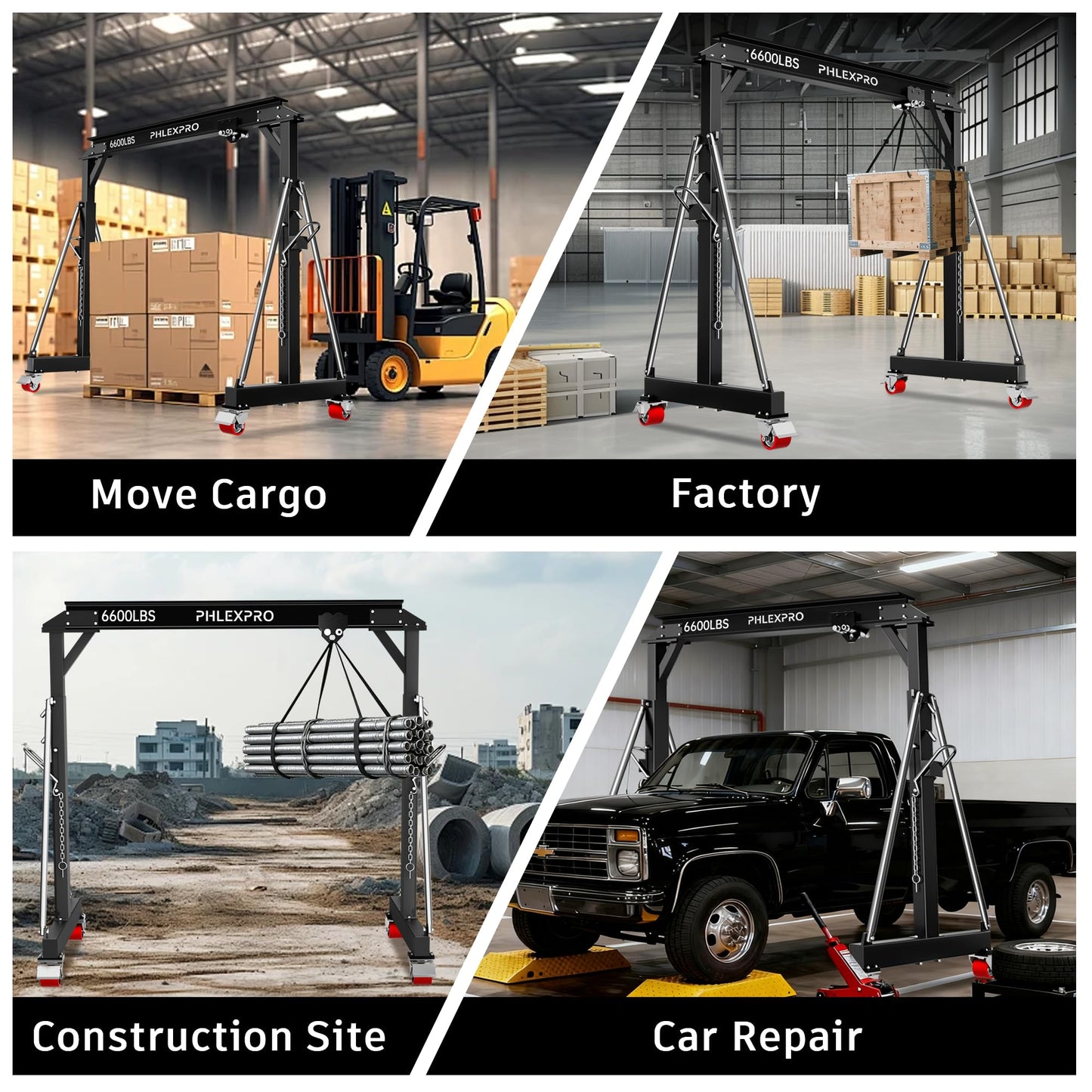 3 Ton Gantry Crane, 6600LBS Capacity, Adjustable Height 8.53 to 12.47ft with Triangle Base, Portable I-Beam Hoist for Factory, Warehouse, Auto Repair & Construction, Black