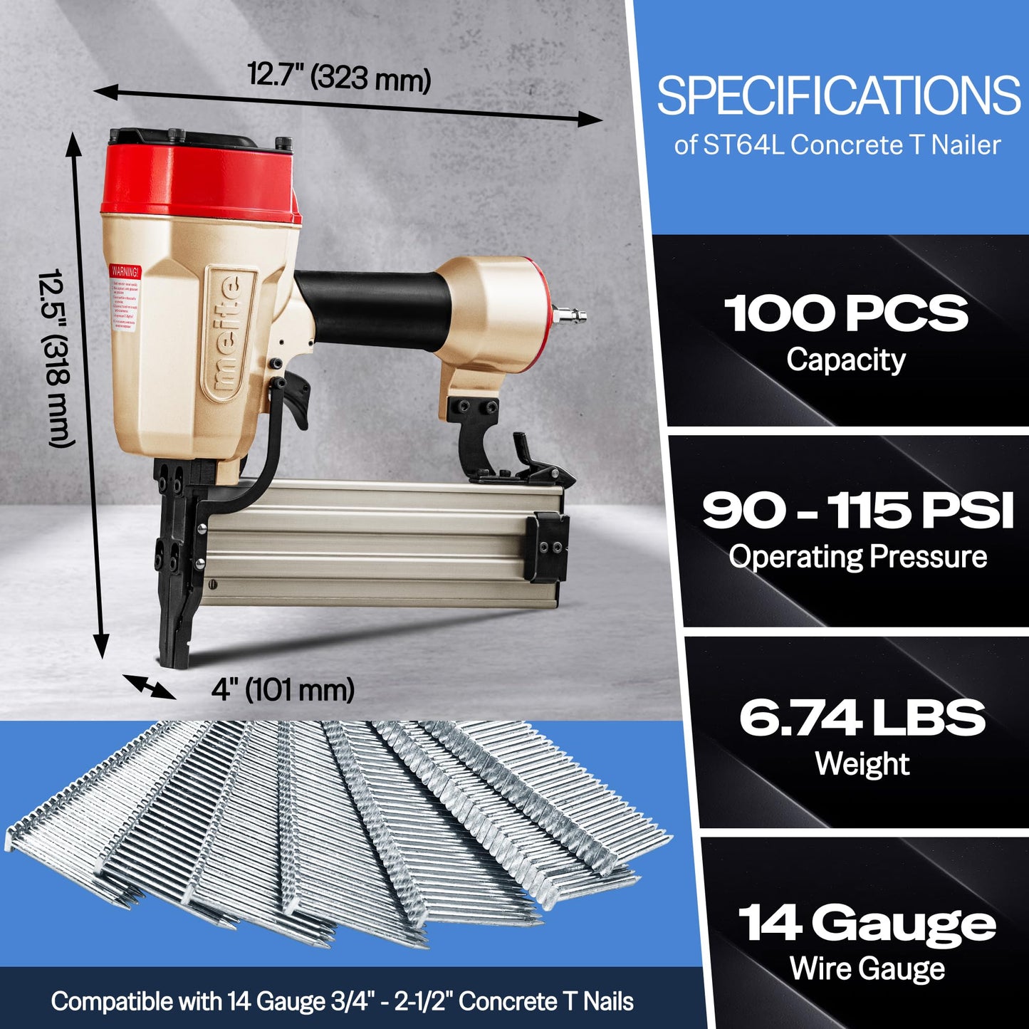 meite ST64L Concrete Nail Gun with 14 Gauge 2-1/2 Inch T Nails, Heavy Duty Pneumatic Concrete T-Nailer Gun for Wood-to-Concrete Projects, 100PCS Magazine