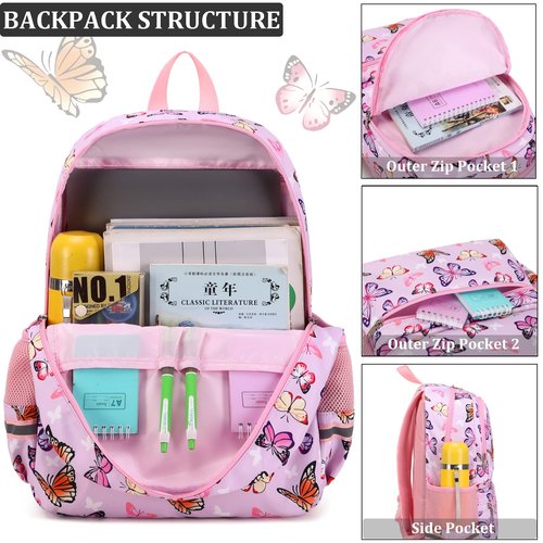 JIANYA Girls Backpack for School Elementary Kids Bookbag School Bag with Lunch Box, Butterfly Pink