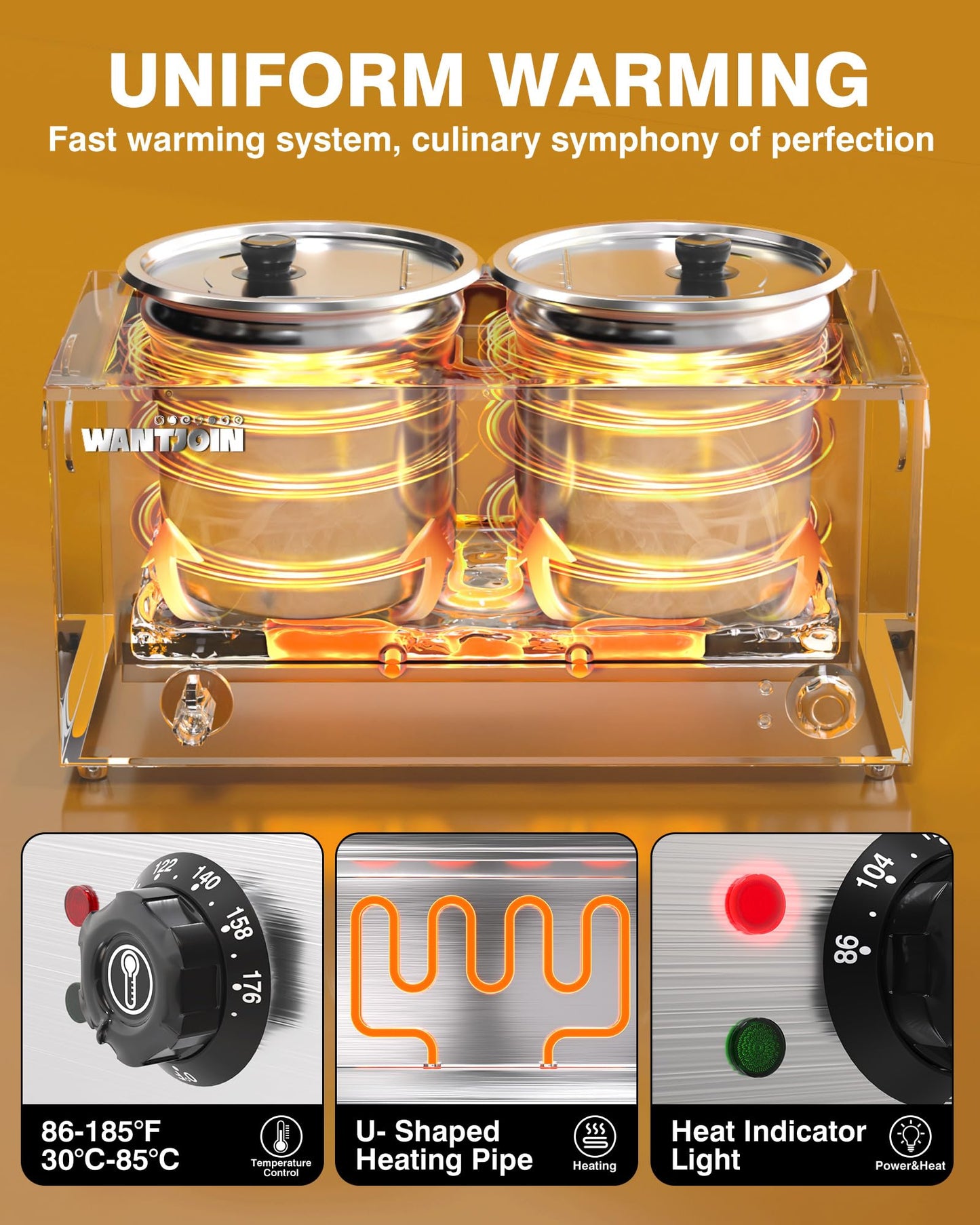 WantJoin Soup Warmer Commercial - 20 QT Stainless Steel Bain Marie Round Pot 86~185°F Adjustable Temp, 1500W Electric Steam Table Countertop,Anti-Dry Burn Reset Button for Restaurant, Buffet