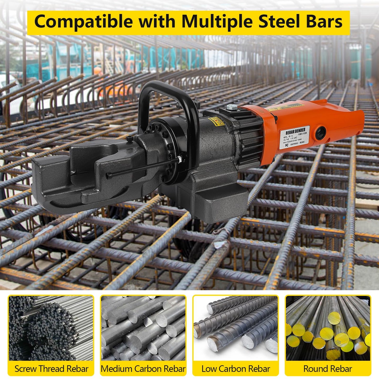 Electric Hydraulic Rebar Bender, 900W, 5/8 Inch #5 16mm Rebar Bender Tool, Hand Held Meatal Steel Copper Rod Bender Machine, Bending Angle 0-130 degree (900W 110V RB-16)