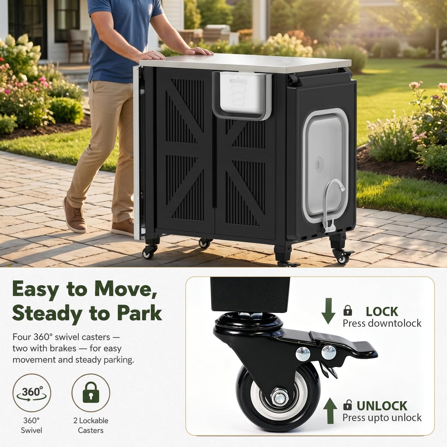 aoole Outdoor Grill Cart with Storage Cabinet, 3-in-1 Movable Kitchen Island Cart, Outdoor Grill Cooking Station with Stainless Steel Countertop&Rolling Wheels&Folding Side Tables for Backyard Patio