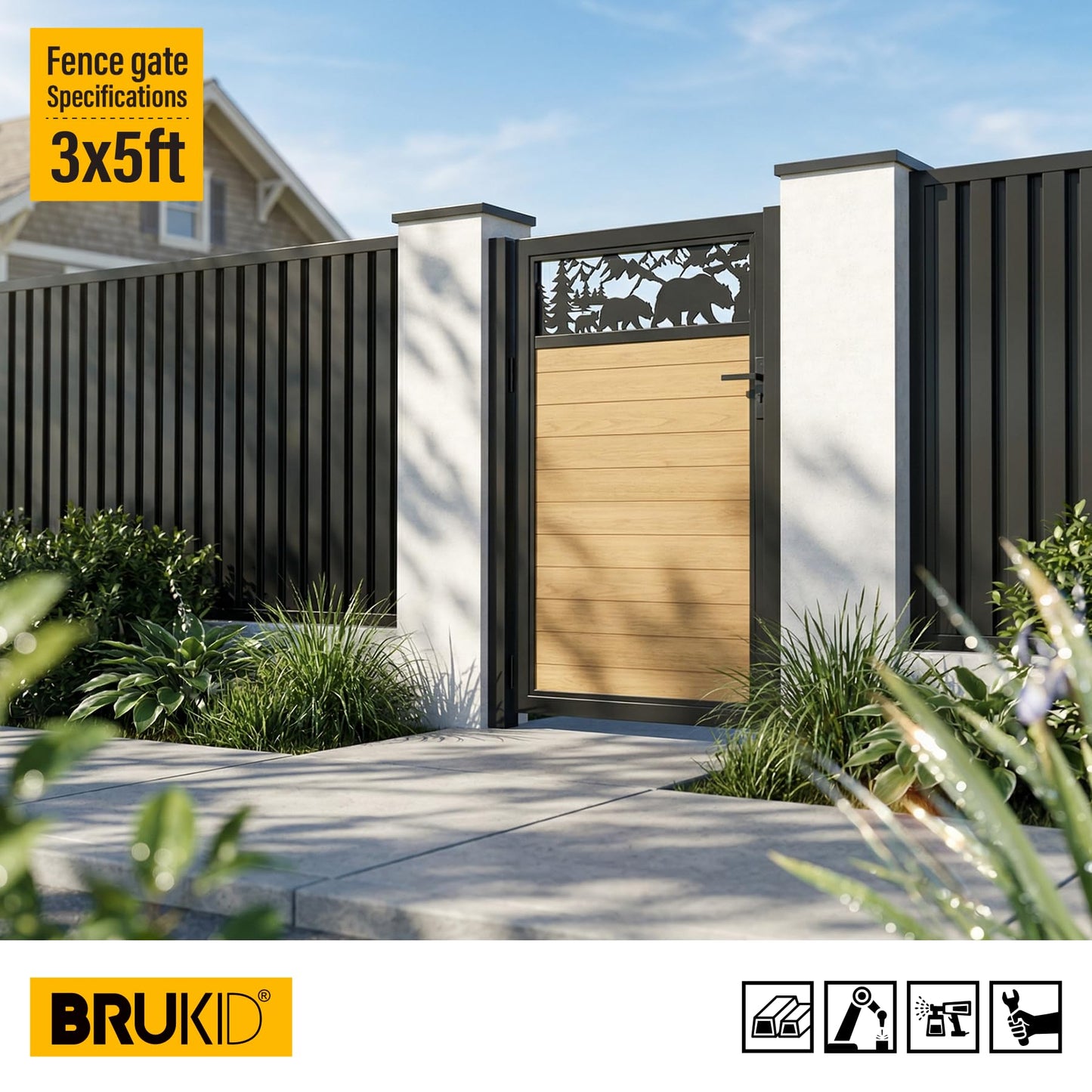 Brukid 3x5 FT Aluminum Fence Gate Kit Wood Grain Aluminum Gate with Decorative Cutout, Lock & Hinges, Left/Right Opening, Weather Resistant for Yard Garden Patio