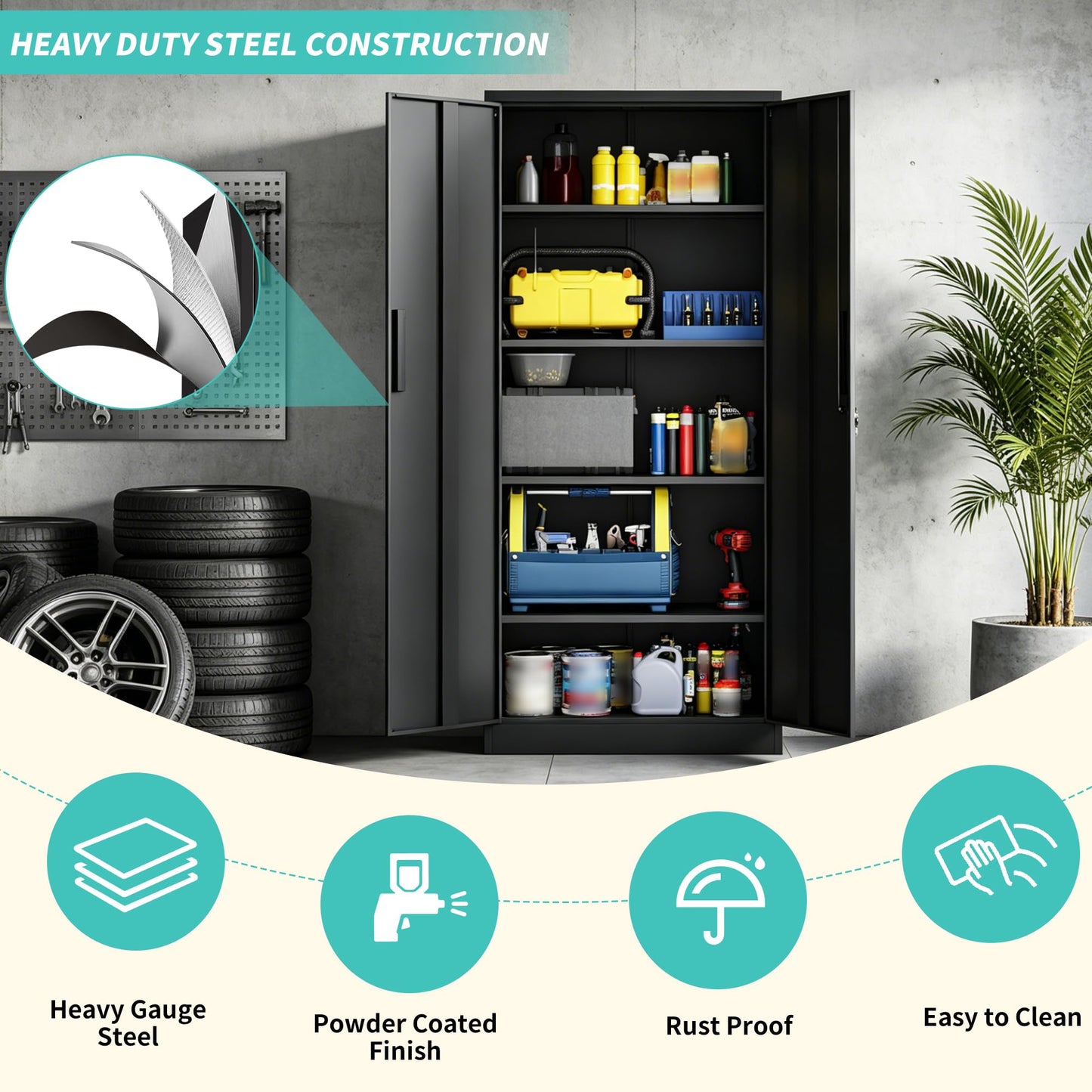 SAWJEC Metal Garage Storage Cabinet with Lock, 71" Tall Heavy Duty Cabinet for Garage Workshop Home Office, Steel Locking Storage with 4 Adjustable Shelves, Black, 15.7" D x 31.5" W x 70.9" H
