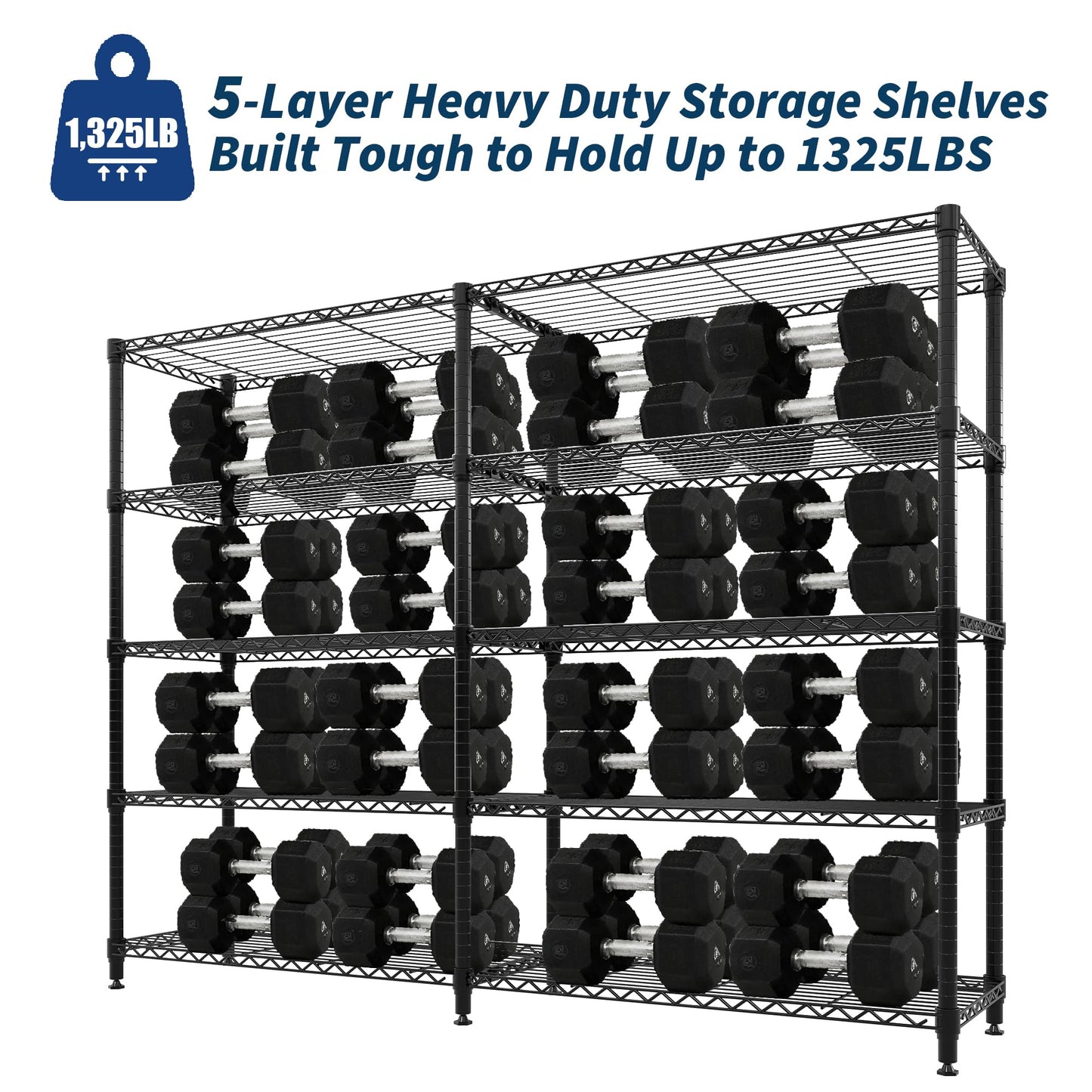 5 Tier Storage Shelving Unit Metal Shelves 70.8"W Wire Shelving, 70.5"H L-Shaped Pantry Shelves Kitchen Storage Shelves for Home Commercial Garage Heavy Duty, 70.8"H x 70.5"W x 15.8"D