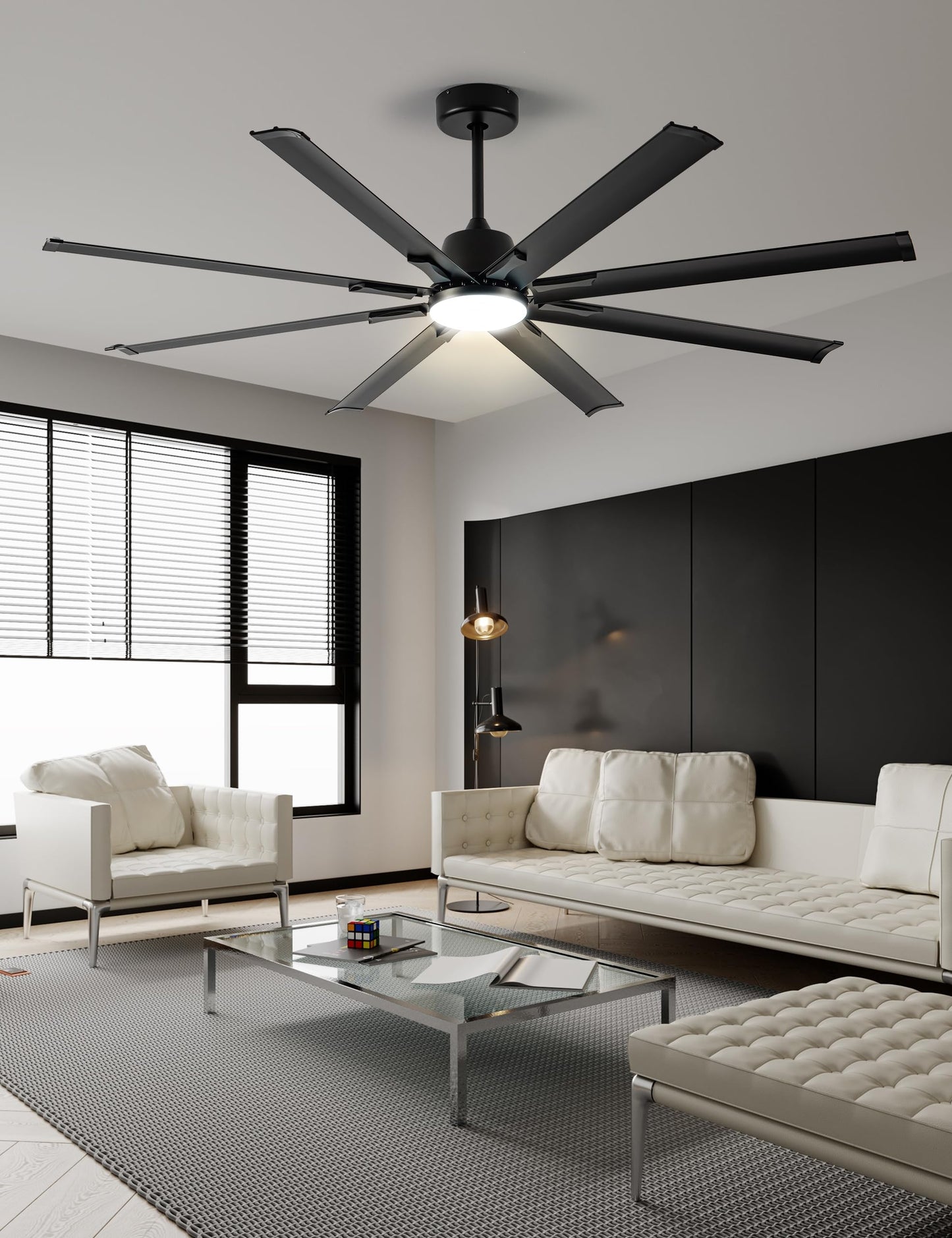 Minislak 72 Inch Ceiling Fan with Light,Industrial Ceiling Fan with 8 Black Aluminium Blades,Smart Fan Compatible with Alexa,Garage Outdoor Indoor Fan for Patio and Living Room