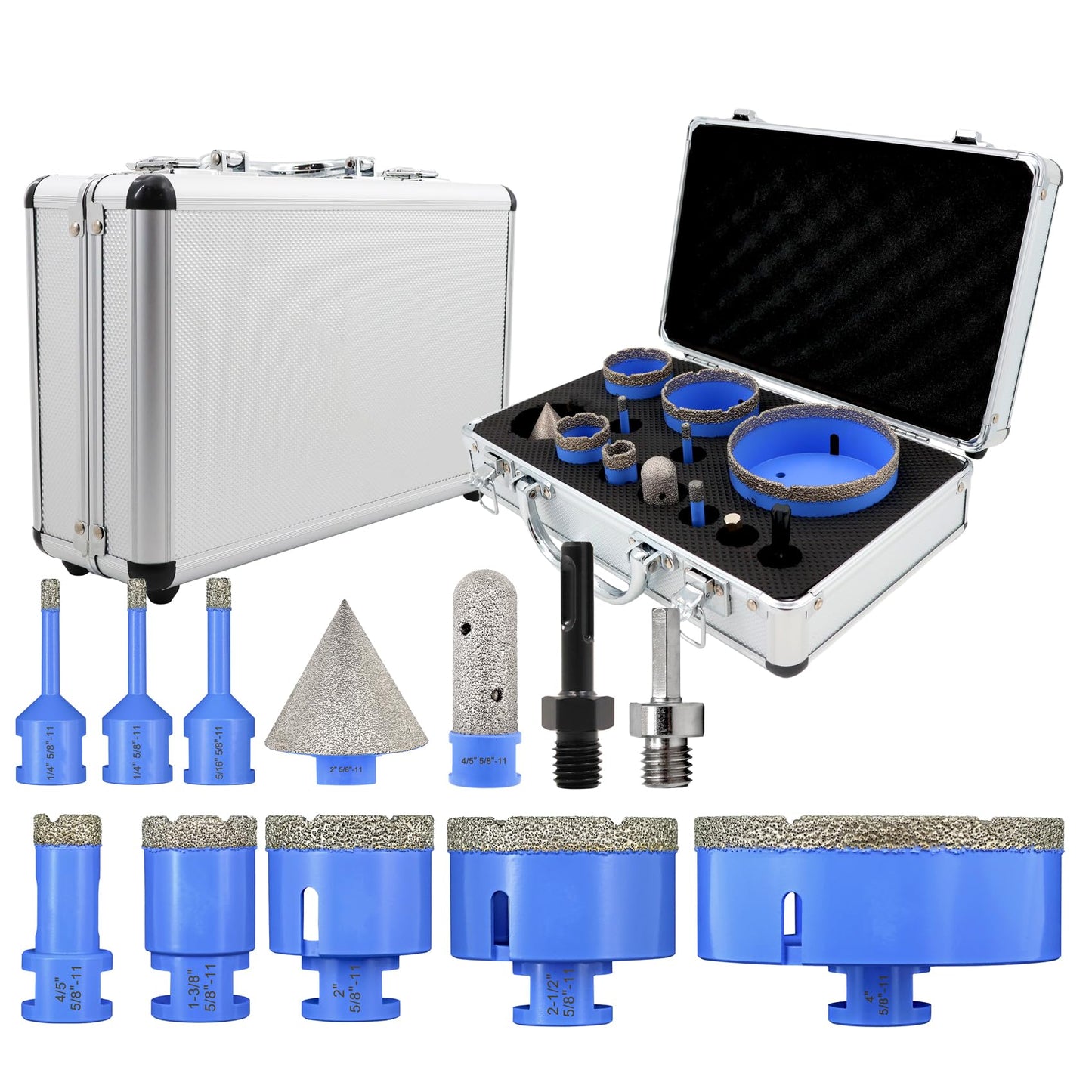 Diamond Tile Hole Saw Kit - Drill Bits 12Pcs 1/4'' X 2, 5/16'', 4/5'', 1-3/8'', 2'', 2-1/2'', 4'', 4/5'' Finger Bit, 2'' Beveling Chamfer Bit, 2pcs Adapters for Porcelain Tile Ceramic Granite Marble