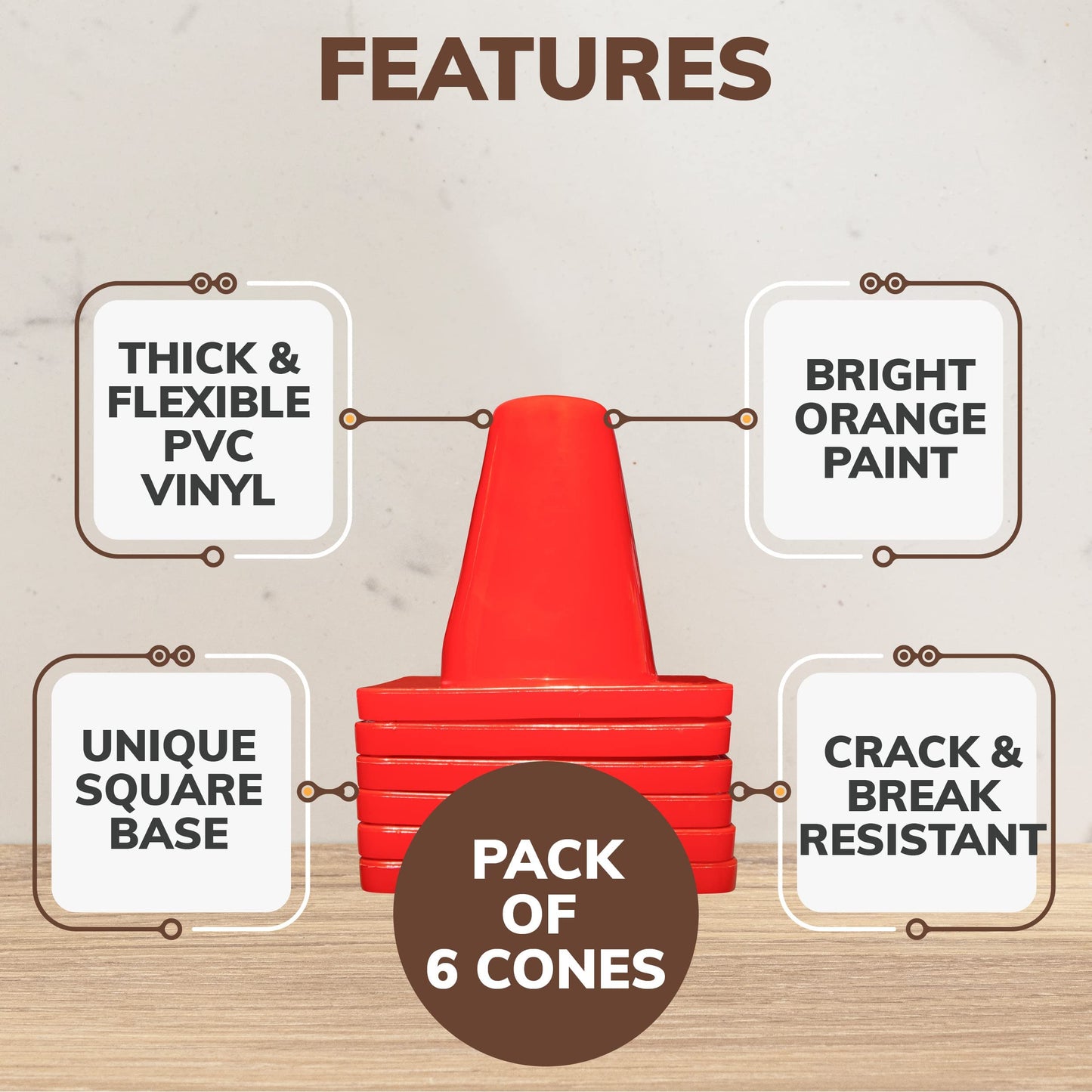 Koozam Sports 6 Pack Heavy Duty 6 Inch Sports Pro Training Cones - Won't Fly Away in Wind Or Crack for Football, Soccer, Parking, Construction, Safety & More