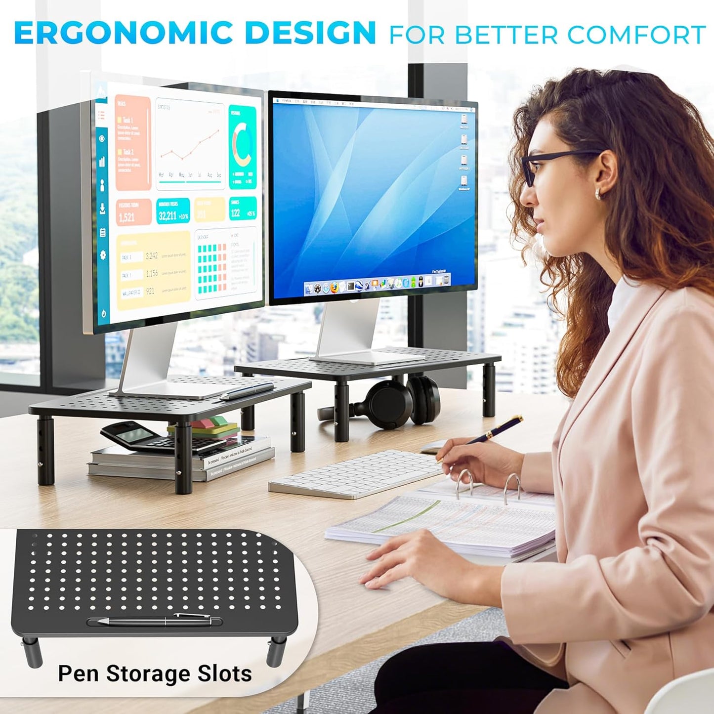 2 Pack 14.5 9.1, BONTEC Monitor Stand Height Adjustable Metal Riser with Pen Holder, Black, x Ergonomic Desktop Stand