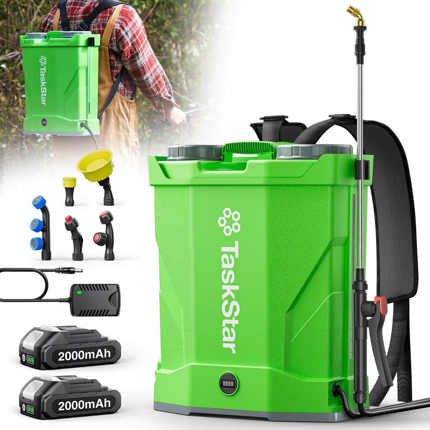 Taskstar Battery Powered Backpack Sprayer 4 Gallon,Two 2000mAh Batteries Electric Sprayer with 0-100 PSI Adjustable, 32" Wand, 6 Nozzles for Lawn Garden Weed Pest Control & Fertilizing