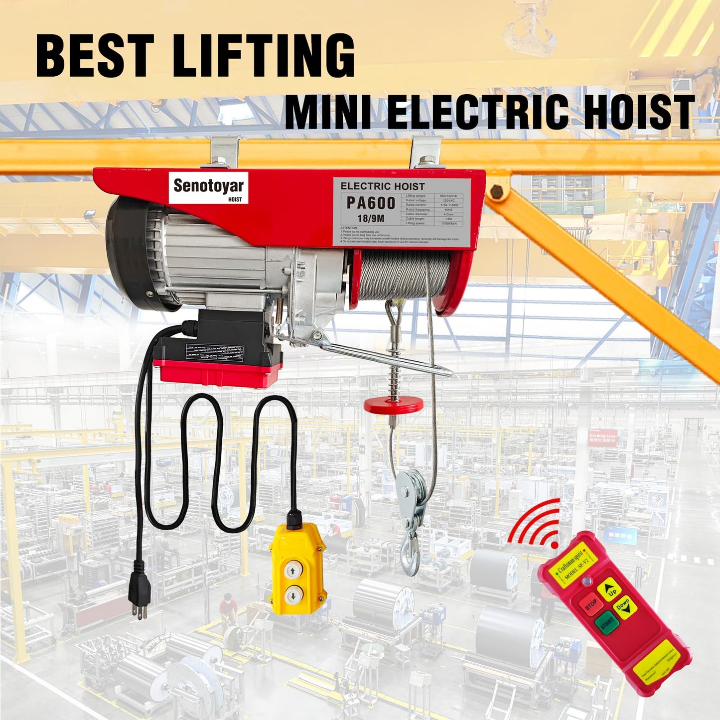 Electric Hoist 2 in 1,1320lbs Electric Hoist Winch with 98ft Wireless Control&Wired Remote Control,110v Electric Hoist 59ft/29.5ft Lifting Height for Garage Warehouse Factory,Single/Double Slings