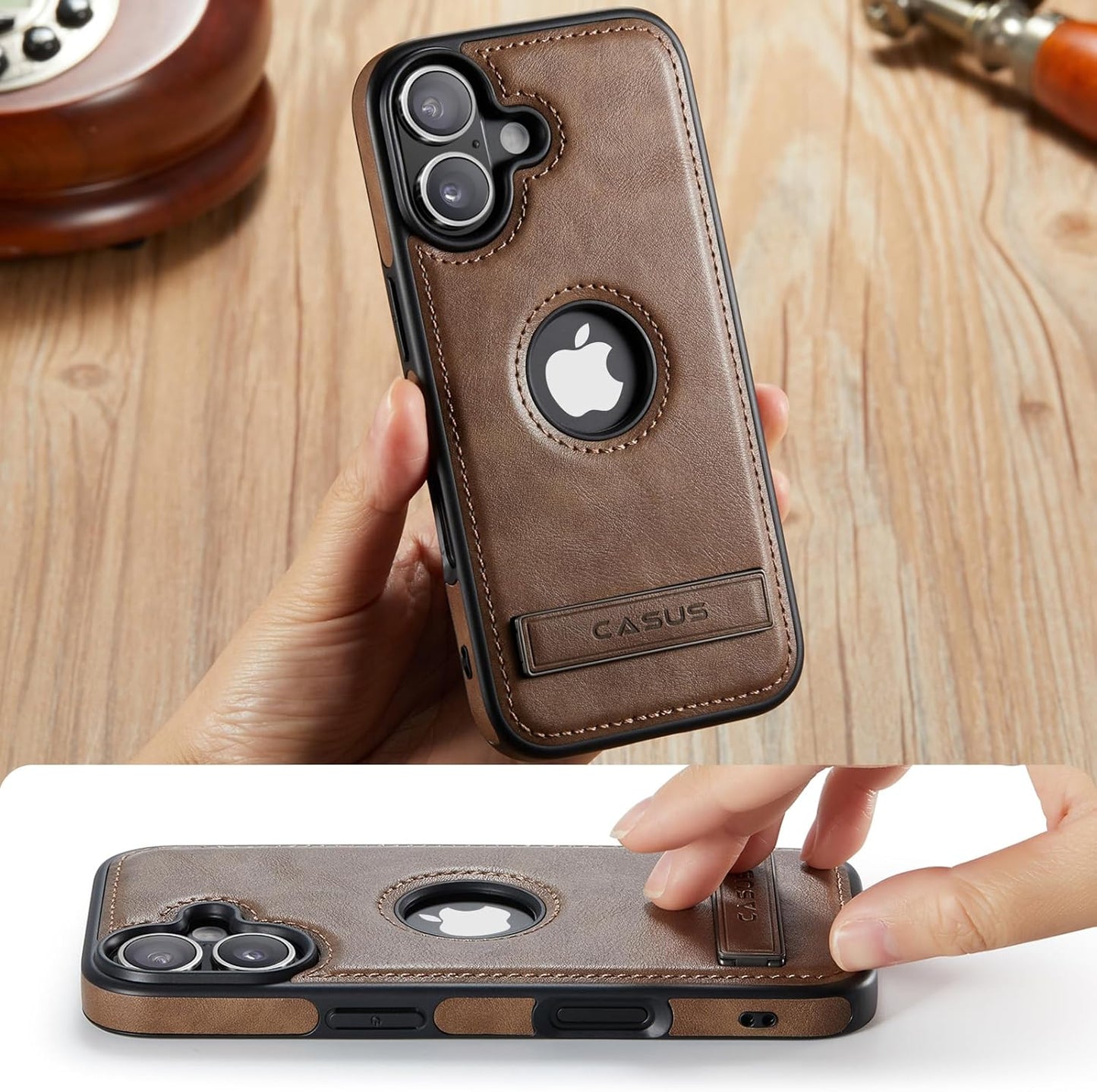 C Casus 17 6.3 Inch (2025), Casus for iPhone Case with MagSafe, Slim Kickstand Vegan Leather Protective Cover