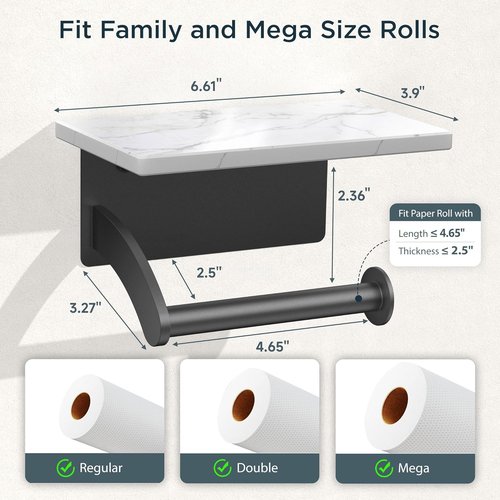 FORIOUS Toilet Paper Holder - Natural Marble Wall Mount with Phone Shelf | 304 Stainless Steel, Matte Black