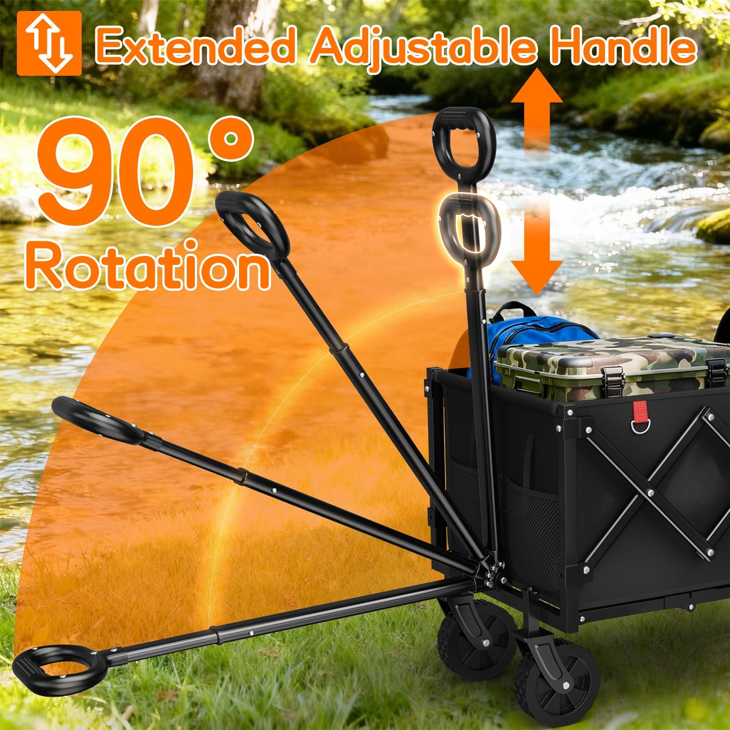 35" L Extra Long Wagons Carts Foldable, 360LBS Heavy Duty Collapsible Wagon with Wheels, Folding Wagon Portable Utility Cart for Groceries, Shopping, Camping, Sports