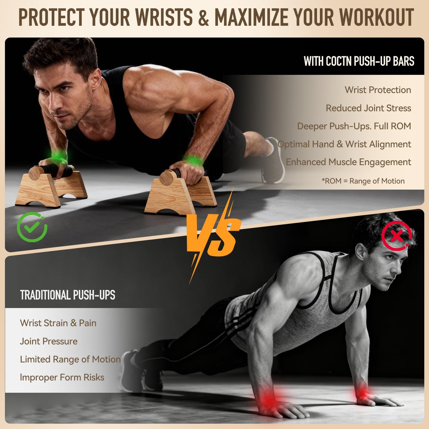 Wood Push up Bar, 2 PCS Parallettes Bars for Men Strength Training, Calisthenics Equipment for Handstand Training (wood, 25cm)