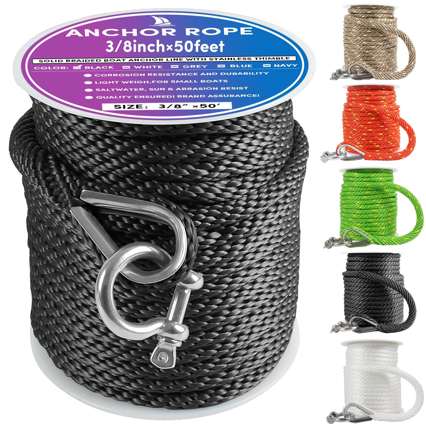 Premium Anchor Rope 50 ft x 3/8 inch, Solid Braid MFP Anchor Line Boat Rope with Thimble & Shackle - Black