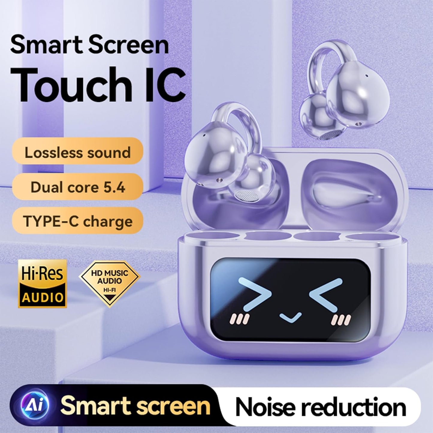 5.4 Open Ear Clip Headphones Wireless Earbuds Bluetooth Sports Earphones with Wireless LED Touch Screen Waterproof