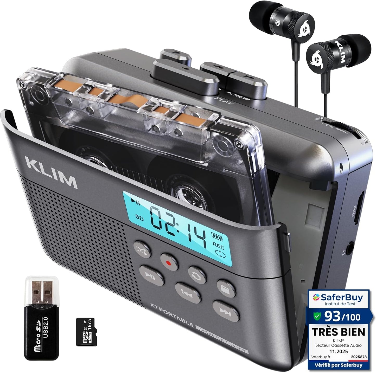 KLIM K7 Cassette Cassette MP3 16GB Tape Player - to Converter - Portable - Built-in Microphone & Speaker - Rechargeable