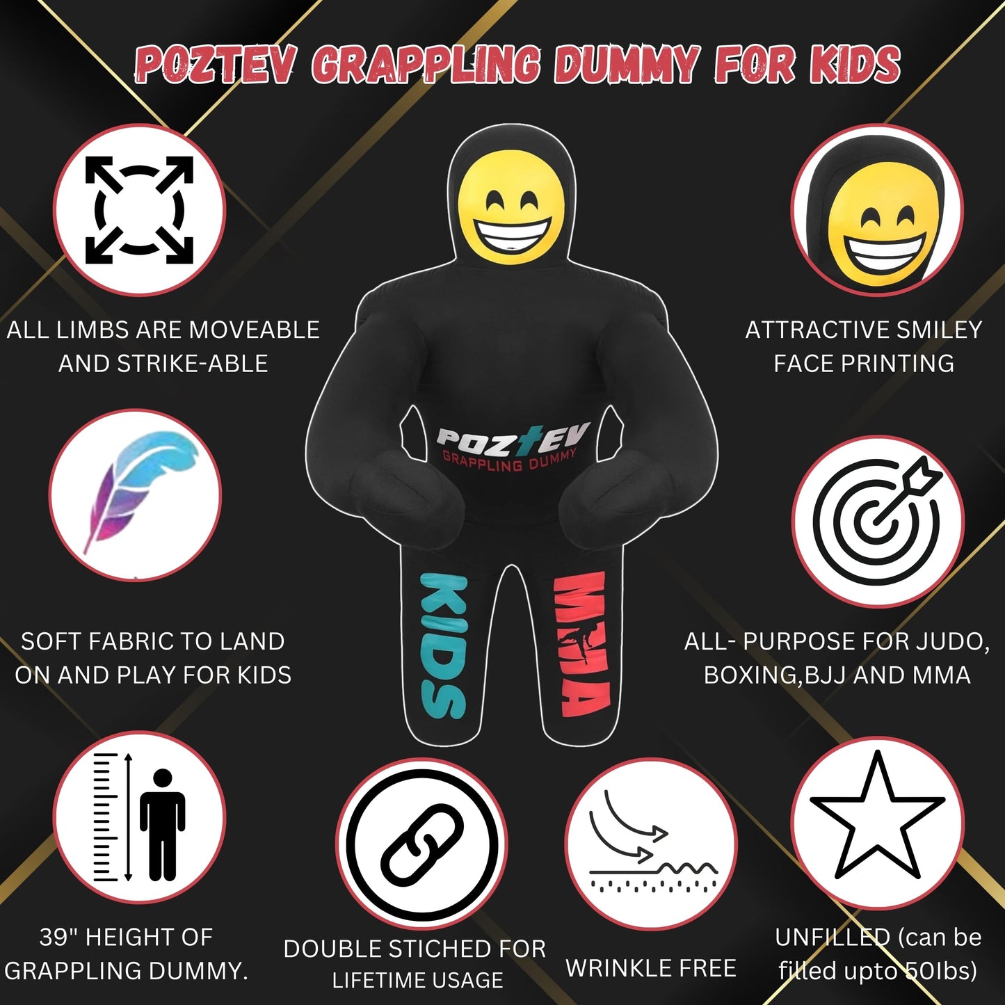 POZTEV Kids Grappling Dummy – 3ft Unfilled Wrestling Dummy, MMA & Jiu Jitsu Dummy Training for Youth