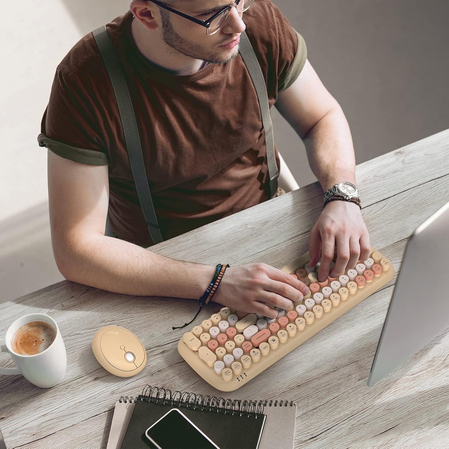 MOFII 7 8 10 Wireless Keyboard and Mouse Combo, Retro Typewriter Keyboard with Multi-Media Function Keys and Number Pad