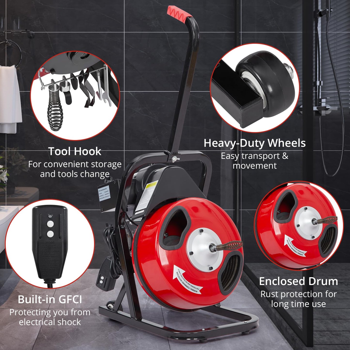Electric Drain Cleaner Machine, 50FT x 1/2" Cable, 250W Auto-Feed Sewer Snake, 4 Interchangeable Cutter Heads, Air Foot Switch, Portable Auger for 1"-4" Pipes, Home and Commercial Use