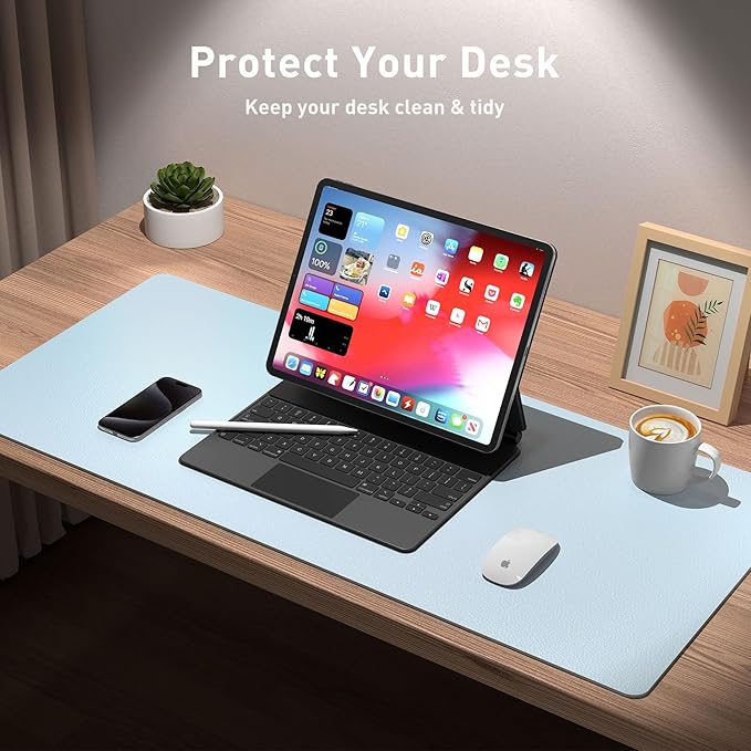 Aothia Leather Desk Pad Protector, Mouse Pad, Office Desk Mat, Non-Slip PU Leather Desk Blotter, Laptop Desk Pad, Waterproof Desk Writing Pad for Office and Home (36" x 17", Baby Blue)