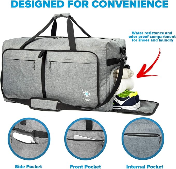 Bago Large Foldable Duffel Bags for Traveling Women & Men - 120L Packable Duffle Bag for Travel with Shoe Compartment - Water Repellant, Heavy Duty, Lightweight Folding & Collapsible (SnowGray)