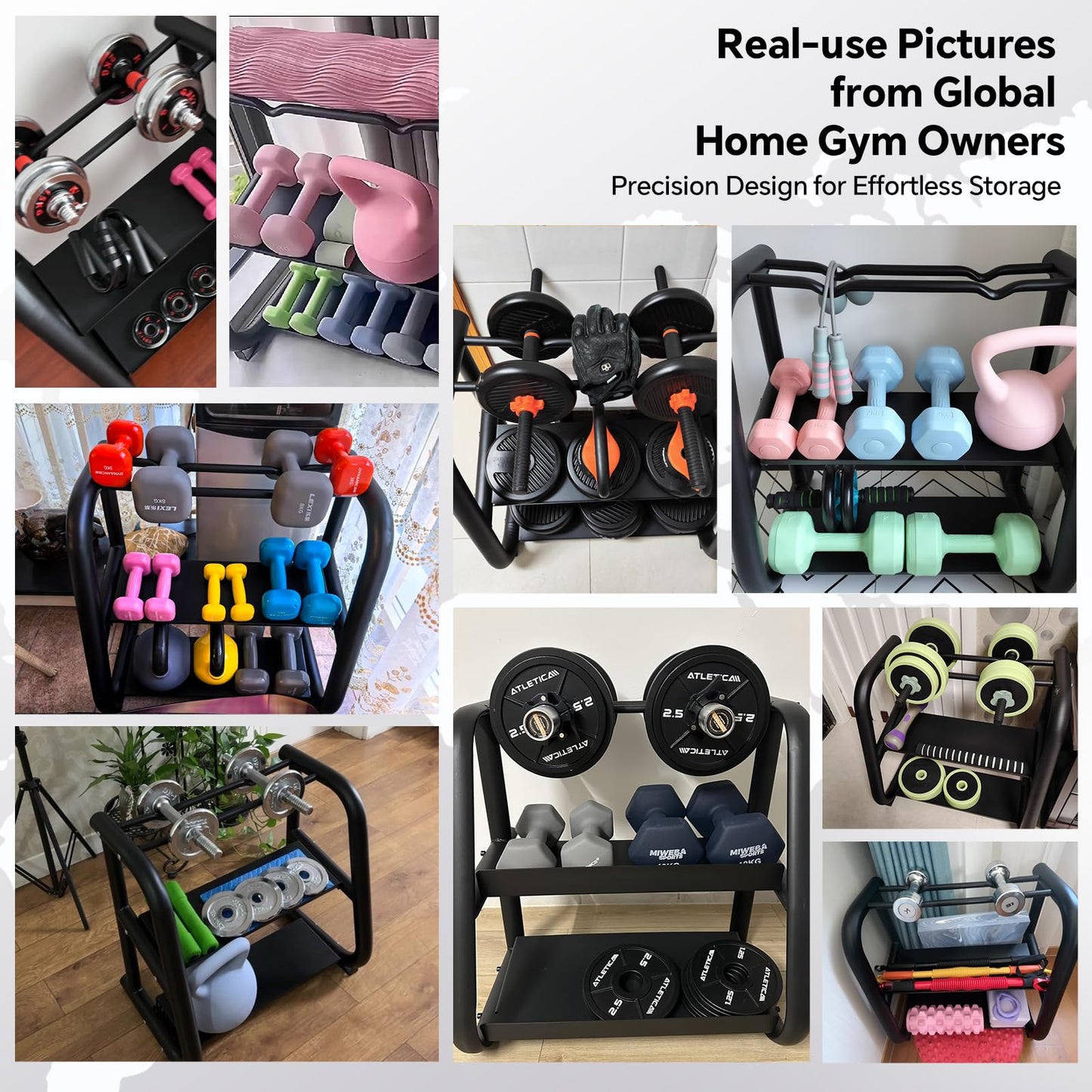Home Gym Storage Rack, 3-Tier Heavy Duty Workout Equipment Organizer for Dumbbells, Kettlebells, Yoga Mats & Fitness Gear - Multi-Purpose Weight Rack for Garage and Home Gym Organization
