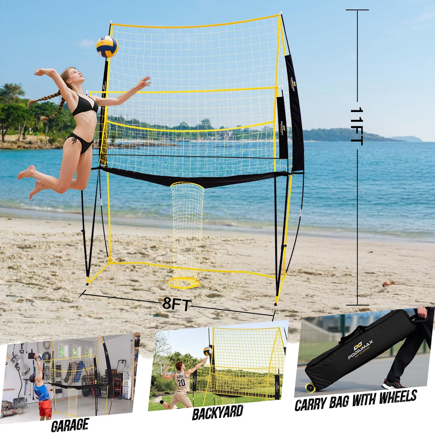 PodiuMax Volleyball Training Equipment, 11x8FT Adjustable 6.5–8 ft, Volleyball Practice Net for Serve & Spike, 2-in-1 Train & Play, Fast Setup, Stable Frame Training Net for Backyard Indoor Outdoor