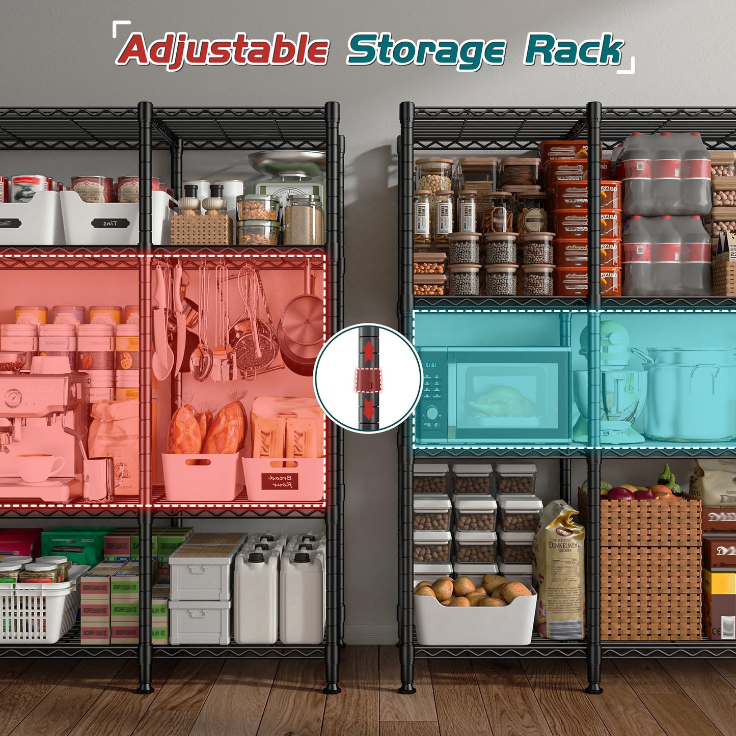 REIBII 78.4" W Storage Shelves 1500LBS, Metal Shelving Unit Wire Shelving for Garage Storage Rack, Adjustable Metal Shelf for Pantry Commercial Kitchen Garage Shelves, 78.4" W x 11.8''D x 59''H